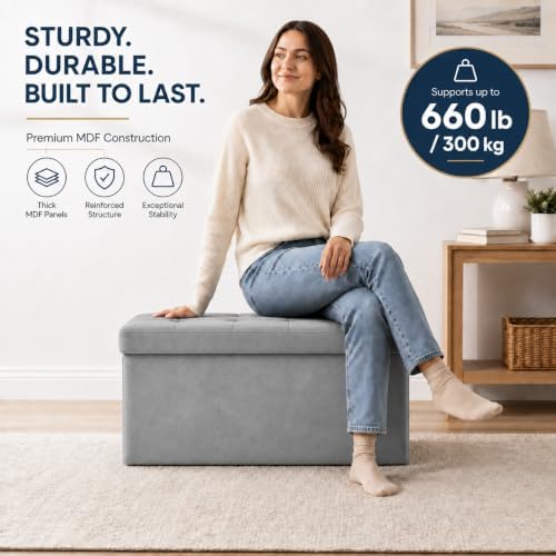 ALASDO 30 Inch Folding Storage Ottoman Bench with Hidden Storage, Velvet Storage Ottoman Foot Rest Stool, End of Bed Bench for Bedroom, Living Room, Entryway and Closet, Dark Gray