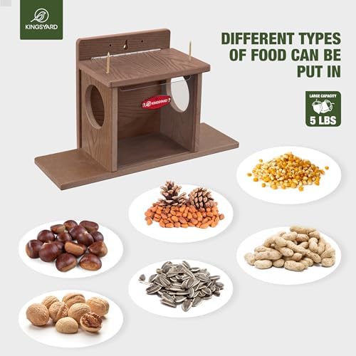 Kingsyard Squirrel Feeder Box for Outside, Recycled Plastic Squirrel Feeder Box with Corn Cob Holders, Easy to Refill & Clean, Weather-Proof (Brown)