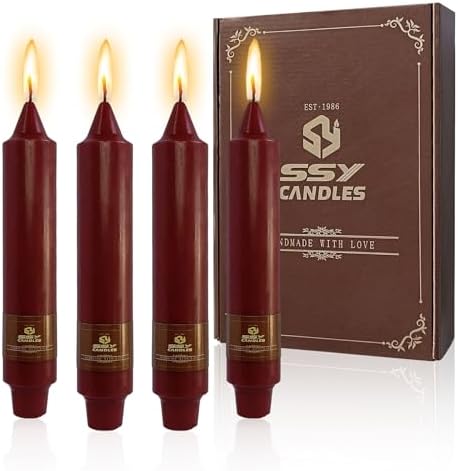 NJAO HOO Burgundy Short Taper Candle 7 Inch Christmas Candlesticks Red Unscented Dripless for Home Dinner Decor Halloween Party, 4 Pack
