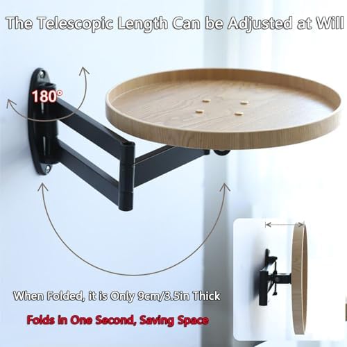 Retractable Wall Mounted Folding Table, 11.8" Adjustable Small Folding Round Desk with Retractable Aluminum Alloy Brackets for Bedroom Bathroom Balcony Living Room Saving (Oak Color)