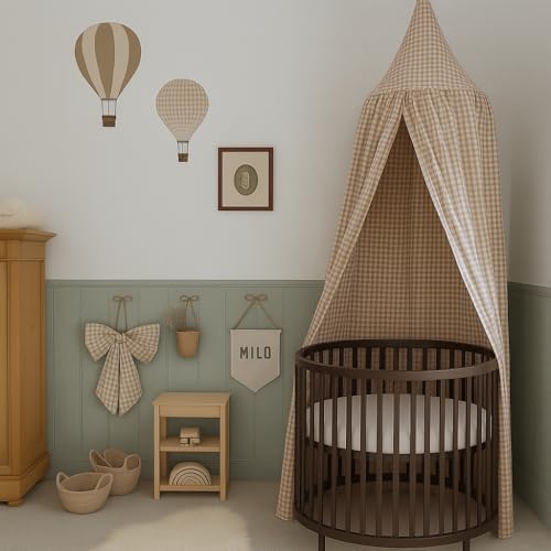 Wonder Space Kids Bed Canopy - Neutral Beige Gingham Checkered Design for Nurseries | Soft Cotton Decorative Tent for Baby Cribs & Toddler Beds | Perfect for Reading Nook or Play Area