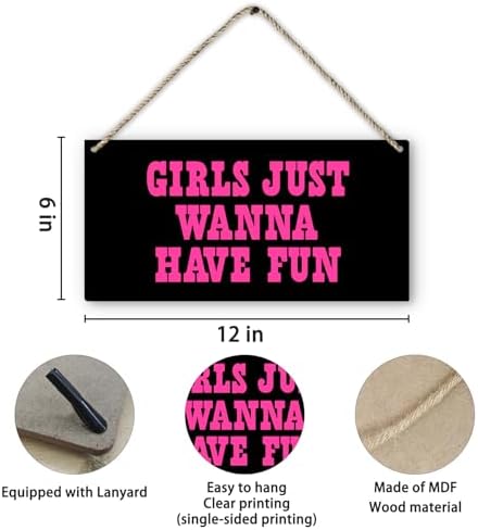 Hot Pink Preppy Girls Just Wanna Have Fun Printed Wood Plaque Sign Wall Hanging,Trendy Preppy Hanging Wall Signs for Girls Room College Dorm Bachelorette Party Decor 12 x 6 Inches Home Décor Accents（Black）