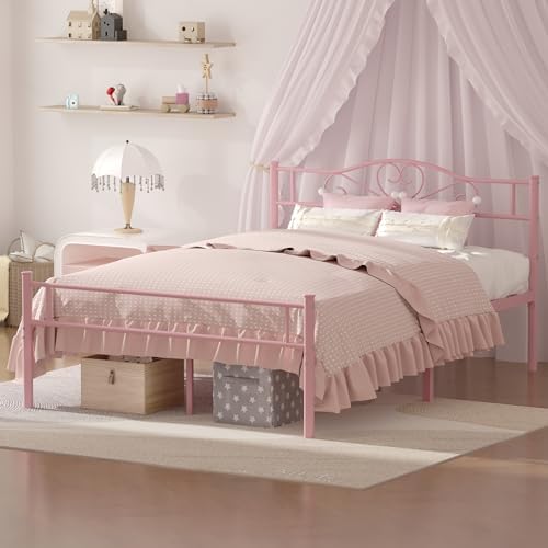 VECELO 14 Inch Full Size Metal Platform Bed Frame with Headboard and Footboard, Heavy Duty Mattress Foundation with Steel Slats Support, No Box Spring Needed, Pink