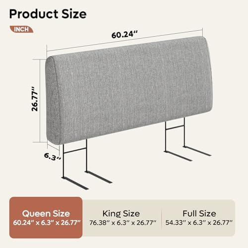 Pinmoco 4.7” Headboard Only for Queen Size Bed, No Drill Needed, Gray