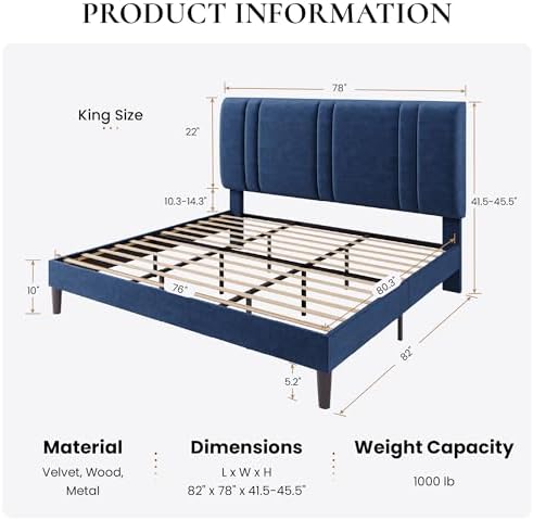 SHA CERLIN King Size Velvet Bed Frame with Adjustable Headboard, Blue