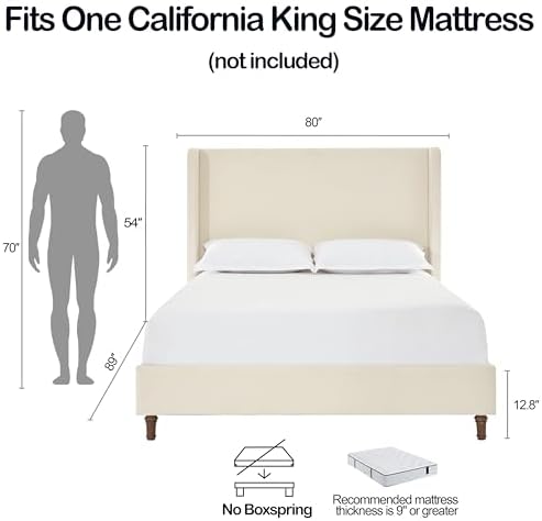 California King 54" Harper Tall Headboard Wingback Upholstered Bed Frame Platform Beds Elegant Simplicity for Bedroom Strong Wood Slats Support No Box Spring Needed No Noise Ivory Boucle