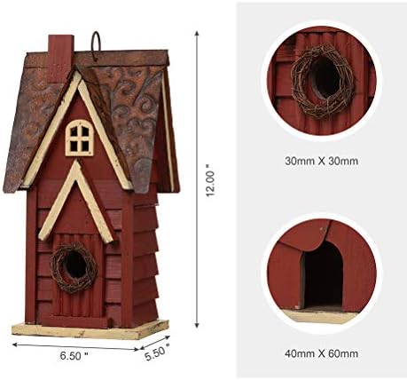 Glitzhome Blue Bird House, 12" H Solid Wood Bird House for Outside, Distressed Cottage Garden Decorative Birdhouse Hanging Bird House for Outdoors,Red