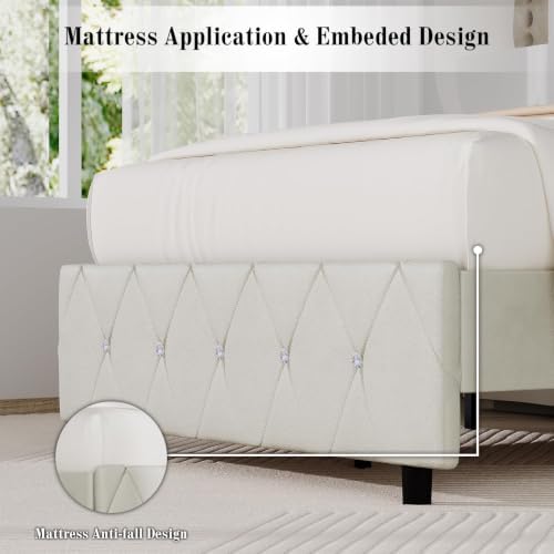 BarnFurin Twin Bed Frame with Diamond Tufted Headboard, Cream