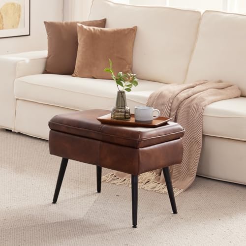 Square Storage Ottoman Upholstered Vanity Accent Stool Retro Brown