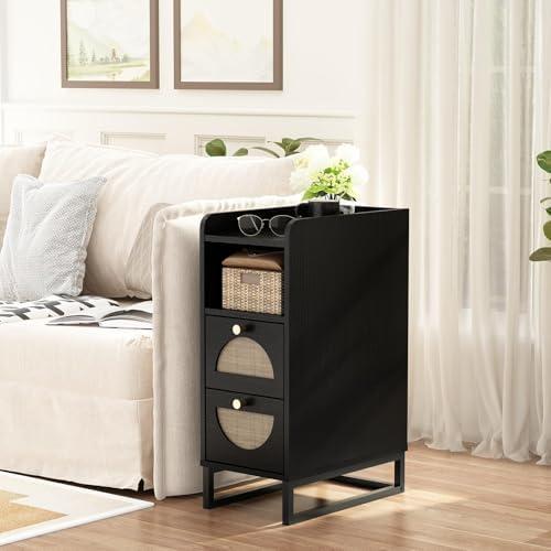 Narrow Nightstand for Small Spaces - 9.3" Slim Side Table with Rattan-Weave Drawers, Skinny Bedside Table with Open Shelf, Rustic Tall Thin Gap Filler for Bedroom & Sofa Side, Black, Set of 2