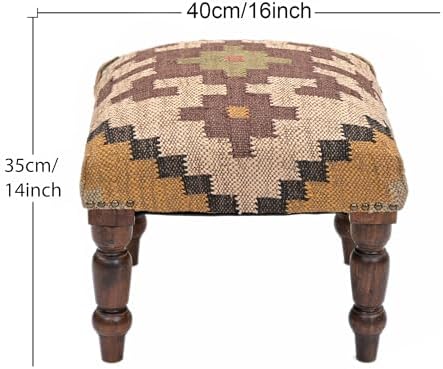 Handmade Jute Ottoman Stool with Wooden Legs | Square Upholstered Foot Rest & Accent Seating | Woven Vanity Stool for Living Room, Bedroom, Hall, Entryway & Home Décor (Yellow)