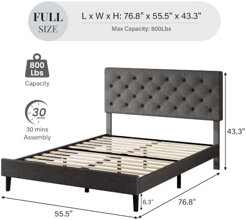 Lullabyre Full Bed Frame with Headboard, Upholstered Platform Bed, Grey