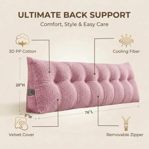 Headboard Pillow King Size, Reading Pillow for Bed, Leaf Pattern Wedge Pillow, Tufted Backrest Support, Headboard Substitute, Pink