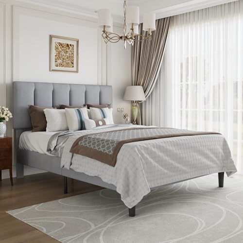 VECELO Queen Size Bed Frame with Upholstered Headboard, Light Grey