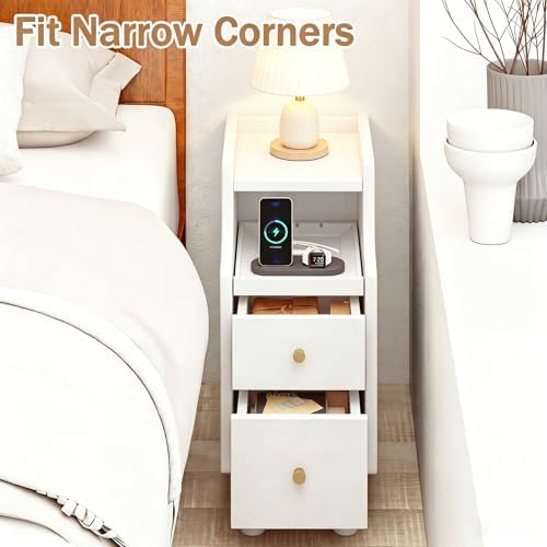 KOMFOTT Narrow Nightstand with Drawers, Solid Wood Bedside Table with Pull-Out Tray & 2 Storage Drawers, Slim Sofa End Table with Cable Management for Small Spaces, Bedroom (White,8" x 16" x 20",1)