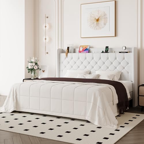 Allewie King Size Bed Frame, Storage Headboard & Charging Station, White