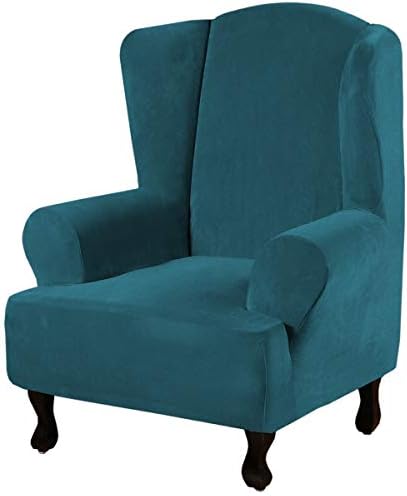 H.VERSAILTEX Wingback Chair Covers Velvet Plush Wing Chair Slipcover 1 Piece High Stretch Wing Back Chair Slipcovers Sofa Cover Furniture Cover with Elastic Bottom, Deep Teal