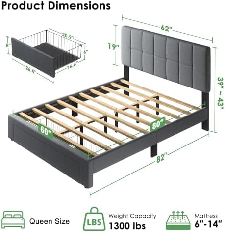 Marsail Queen Bed Frame with 2 Storage Drawers - Upholstered, Adjustable Headboard,6"-12" Mattress Fit, 1300 lbs Capacity, 12-Leg Sturdy Wood Construction, Easy Assembly, Dark Gray
