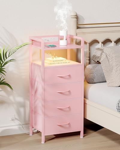 Lazzanto Nightstand with Rear Charging Station, LED Light, 4 Drawers, Pink