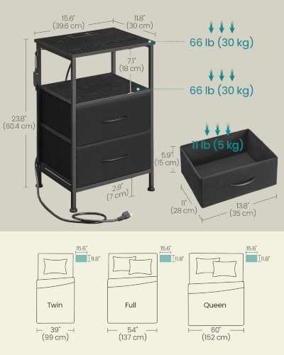 SONGMICS Nightstand with Charging Station, 2 Fabric Drawers