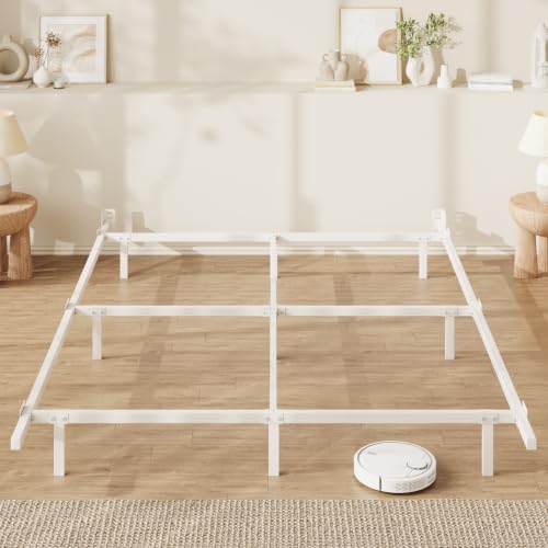 SHA CERLIN 7 Inch Metal Bed Frame, 9-Leg Box Spring Base, White, Queen