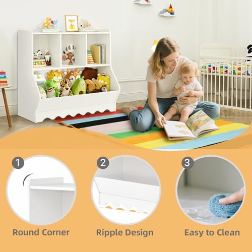 Wood Kid Storage Cubby, Toy Storage Organizer with Bookshelf, 32" L x 15" D x 31" H Montessori Toy Shelf, Nursery Book Shelves, Wooden 4-Cubby Children Book Shelf for Playroom Classroom