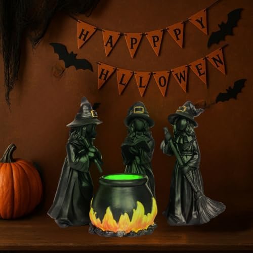 Halloween Witch Figurine Set with Glowing Cauldron – 4PCS Resin Halloween Decorations for Tabletop Mantel Tiered Tray Indoor Haunted House Spooky Witch Statues, Mini Figurines Gothic Home Decor