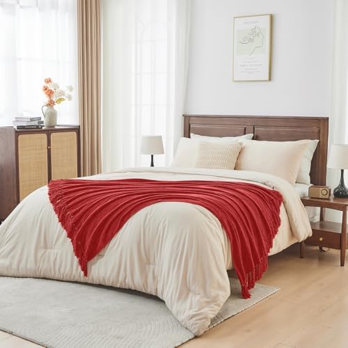 CozeCube Chenille Throw Blanket, Christmas Red Fringe Blanket, 50"X60"