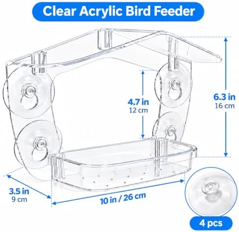 Large Window Bird Feeder with 4X Strong Suction Cups, Acrylic for Garden