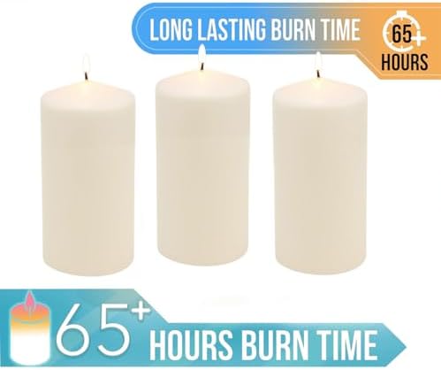 Stonebriar Unscented Pillar Candles – 65 Hour Burn Time, Long-Lasting Wax Candles for Weddings, Holidays, Home Décor & Special Events, Pack of 3, Ivory, 3" x 6"