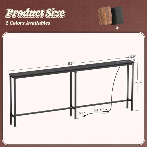Huuger 63 Inch Console Table, Skinny Sofa Table with Charging Station