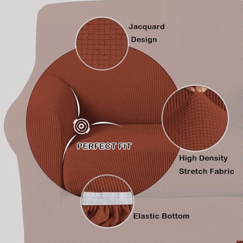 Turquoize Stretch Sofa Slipcover 2 Pieces Sofa Cover Couch Cover for 3 Cushion Couch Washable Furniture Protector Covers with Elastic Bottom Feature Thick Jacquard Fabric (Sofa, Rust)