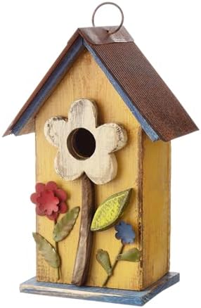 Glitzhome Bird Houses for Outside, 10.2" H Hanging Bird House for Outdoor Patio Garden Decorative Birdhouse Pet Cottage Distressed Wooden Birdhouse for Swallow Sparrow Finch Cardinals, Yellow Flower