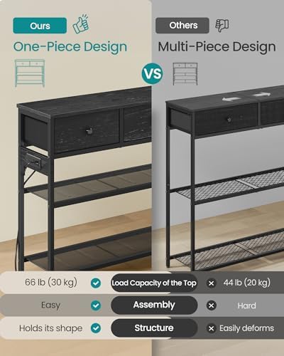 SONGMICS Console Table with Power Outlets and LED Lights, 3 Fabric Drawers
