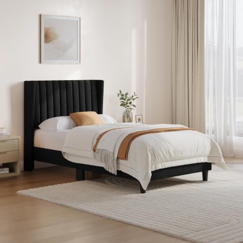 Yaheetech Twin Bed Frame with Headboard,Black Channel-Tufted Platform