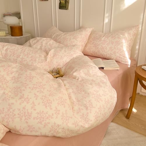 HighBuy French Floral Muslin Duvet Cover Set King Size for Women Girls,Pink Floral Print Princess Bedding Set,Soft 100% Gauze Cotton Muslin Bedding Comforter Cover with Zipper Closure