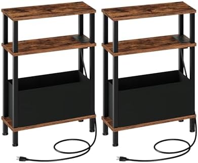 CHOEZON Set of 2 End Tables with Charging Station, Narrow Side Table for Small Spaces, Slim Nightstand with Basket, Skinny Bedside Table, for Living Room, Bedroom, Rustic Brown and Black TBZ07UP2BF