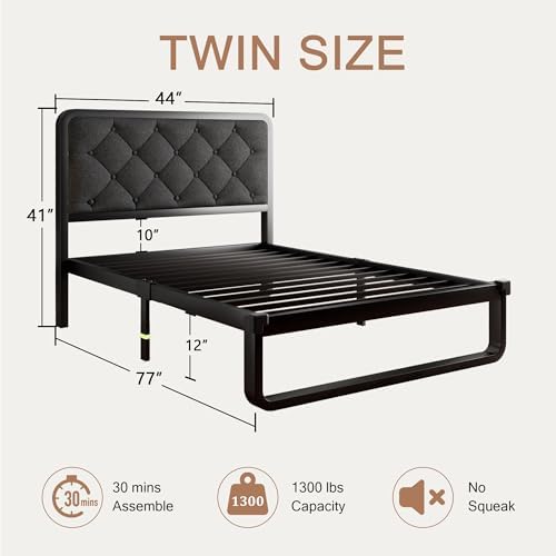 Einhomn Twin Size Bed Frame with Linen Tufted Headboard, Heavy Duty Metal Platform Bed Frame with U-Shaped Foundation, 12" Underbed Space, Noise Free, No Box Spring Needed, Easy Assembly, Dark Grey