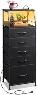 WLIVE LED Nightstand with Charging Station, Fabric Dresser with 5 Drawers for Bedroom, Tall Night Stand with Open Shelves, Bed Side Tables Living Room, Black