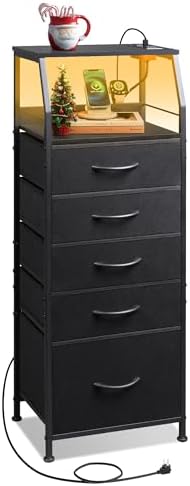 WLIVE LED Nightstand with Charging Station, Fabric Dresser with 5 Drawers for Bedroom, Tall Night Stand with Open Shelves, Bed Side Tables Living Room, Black