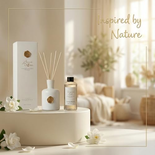 Gardenia Reed Diffuser Set for Home, Natural Essential Oil Fragrance