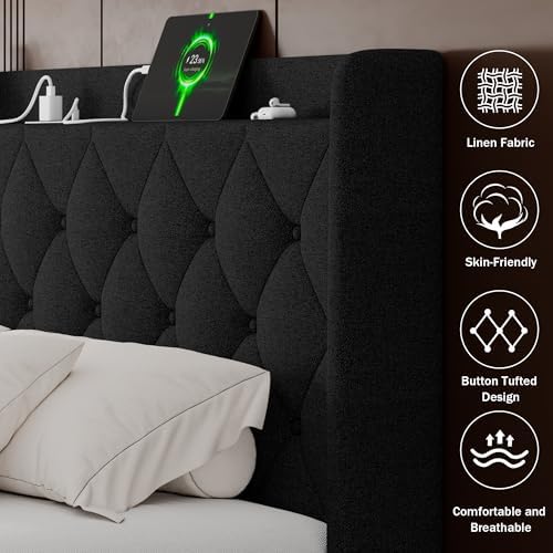 GalnFu Queen Size Bed Frame with Storage, Upholstered Queen Lift up Storage Bed Frame with Charging Station, Button Tufted Headboard, No Box Spring Needed, Easy Assembly, Noise Free, Black