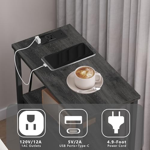 TUTOTAK Narrow End Table with Charging Station, Skinny Side Table
