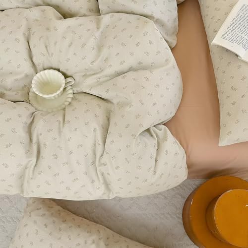 King Size Green Floral Duvet Cover Muslin 100% Cotton Rustic Aesthetic Comforter Cover,All Season Comfy Breathable Bedding Set with Zipper Closure.1 Duvet Cover and 2 Pillowcases