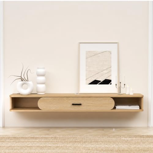 GHC Floating TV Stand, 65'' Wall Mounted TV Cabinet, Floating Shelves with Door, Media Console for DVD Player, Space-Saving Under TV Shelf for Bedroom & Living Room (Oak)