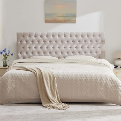 Kingfun Upholstered King Headboard Only, Premium Linen Button Tufted Headboards, Adjustable Solid Wood Head Board, Padded Headboard with Solid Wood Legs in Bedroom (Beige)