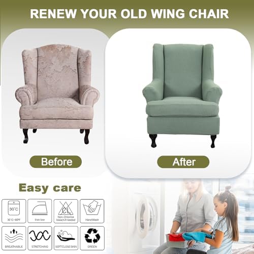 NILUOH Stretch Wingback Chair Slipcover 2-Piece Wing Chair Slipcovers Sofa Cover Furniture Protector Soft with Elastic Bottom, Spandex Jacquard Fabric,Bean Green