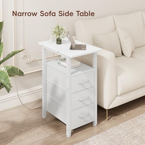 Vagusicc White End Table with Charging Station, Narrow Side Table, Narrow Nightstand with 3 Fabric Drawers, Slim Sofa Side Table for Small Spaces, Small Night Stand for Bedroom, White