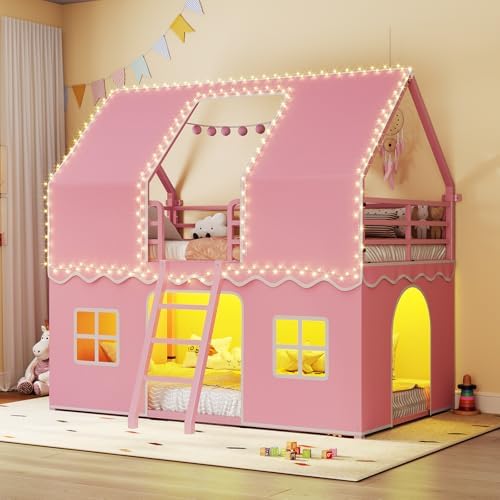 Girls Bunk Bed Twin Over Twin, House Loft Bed with LED Lights
