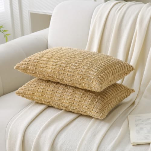 2 Pack Corduroy Decorative Throw Pillow with Inserts, 18x18 Inch Soft Boho Throw Pillow, Square Striped Throw Pillows for Couch, Bed, Sofa Decor (Golden Brown, 12" x 20" (with Inserts))